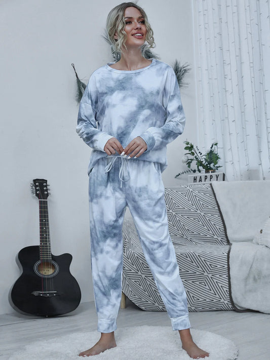Tie-Dye round Neck Top and Drawstring Pants Lounge Set