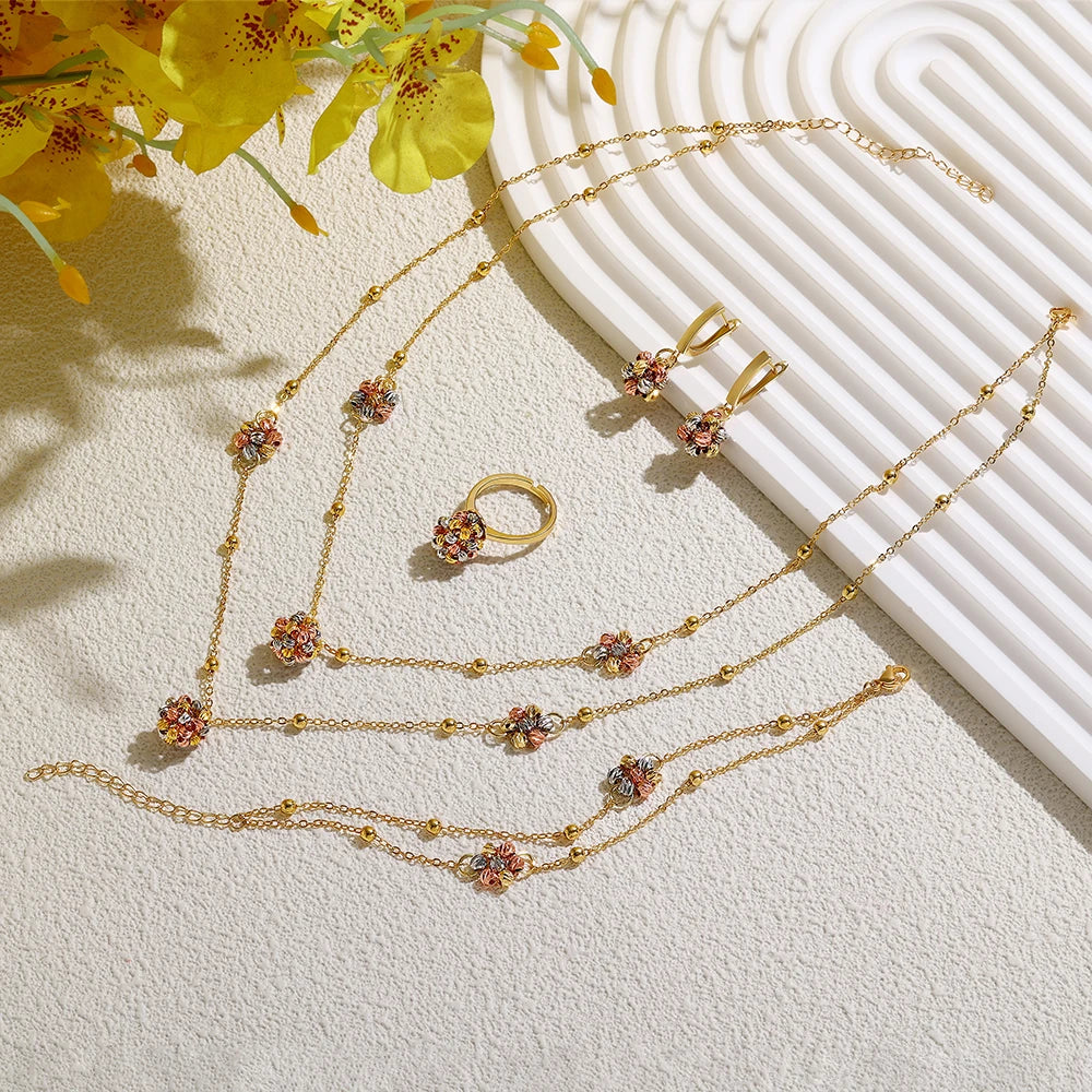 Elegant 4-Piece Hand-Woven Open Cuff Bracelet and Ring Set with Gold and Multi-Color Copper Beads for Women's Everyday Wear